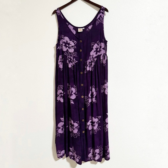 Pineapple Moon Tropical Hawaiian Floral Button Front Midi Dress One Size - Picture 1 of 8